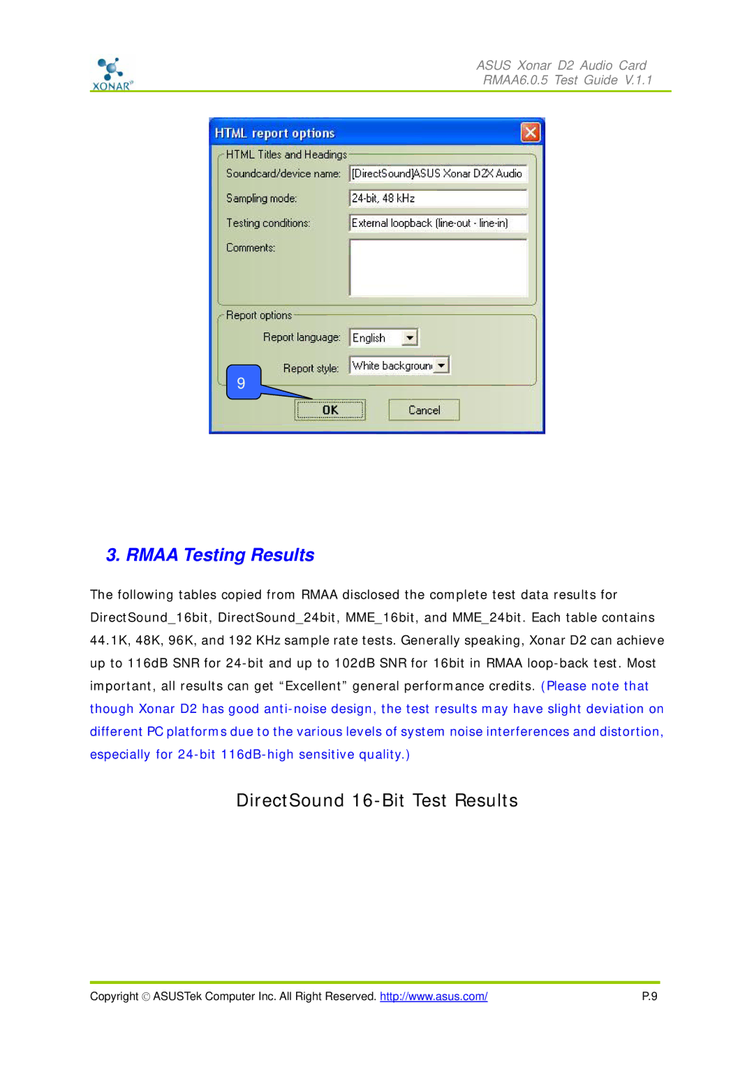 Asus D2 manual Rmaa Testing Results, DirectSound 16-Bit Test Results 