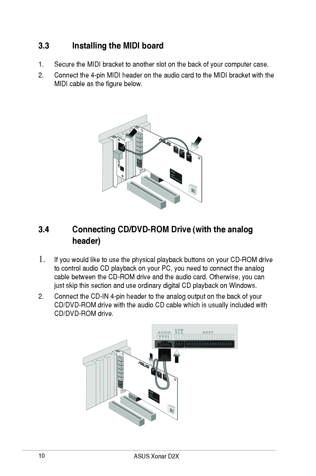 Asus D2X user manual Installing the Midi board, Connecting CD/DVD-ROM Drive with the analog header 