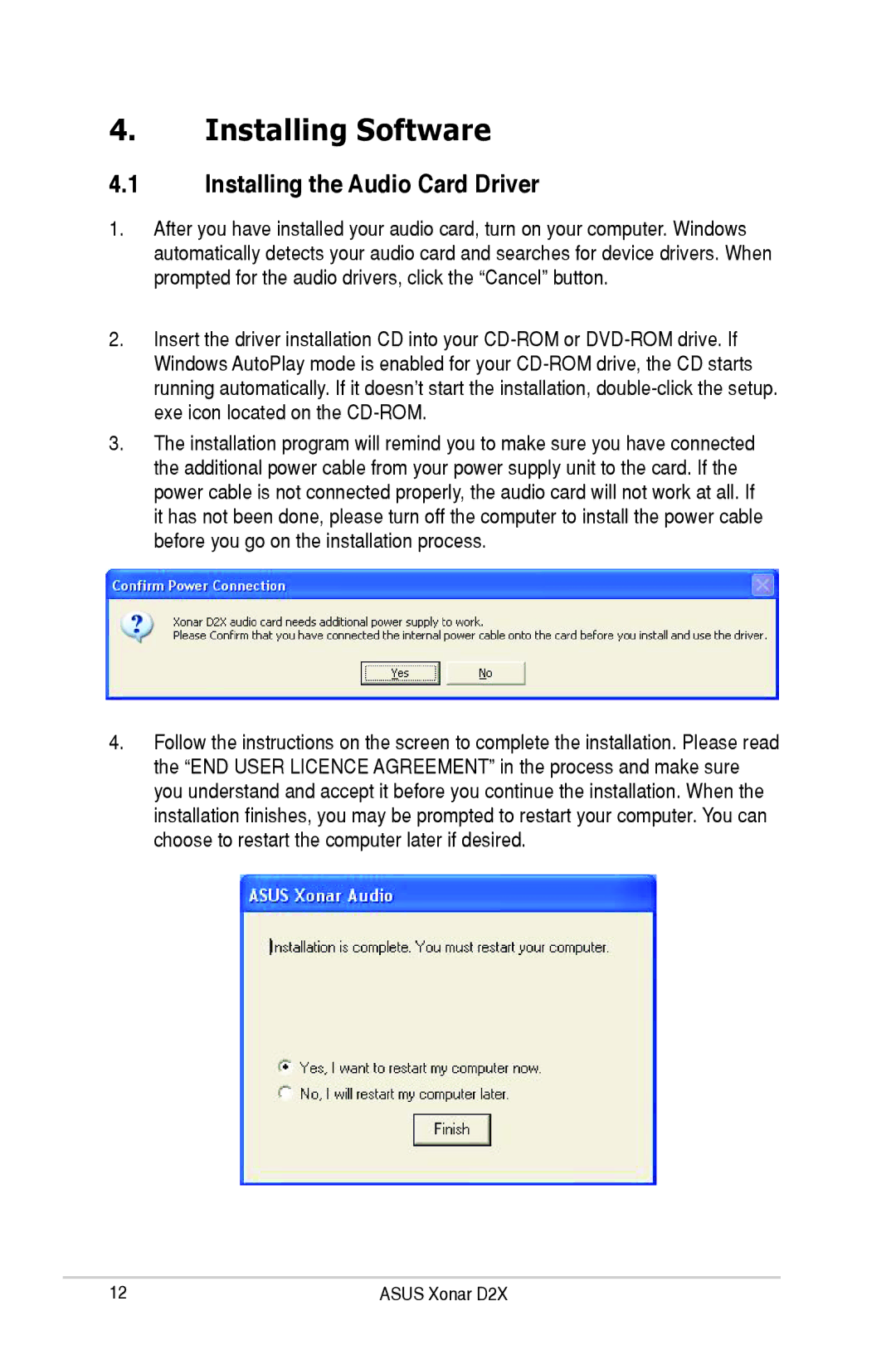 Asus D2X user manual Installing Software, Installing the Audio Card Driver 