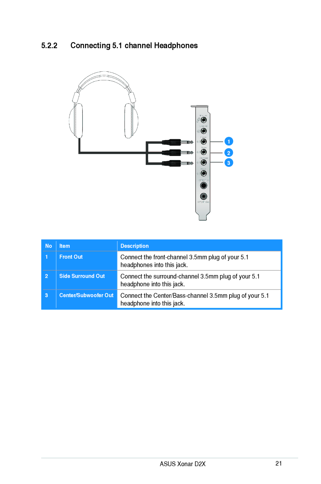 Asus D2X Connecting 5.1 channel Headphones, Connect the front-channel 3.5mm plug of your, Headphones into this jack 