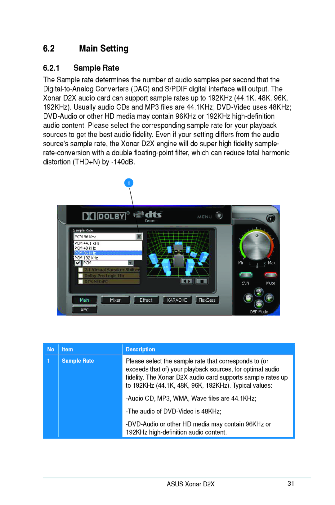 Asus D2X user manual Main Setting, Sample Rate 