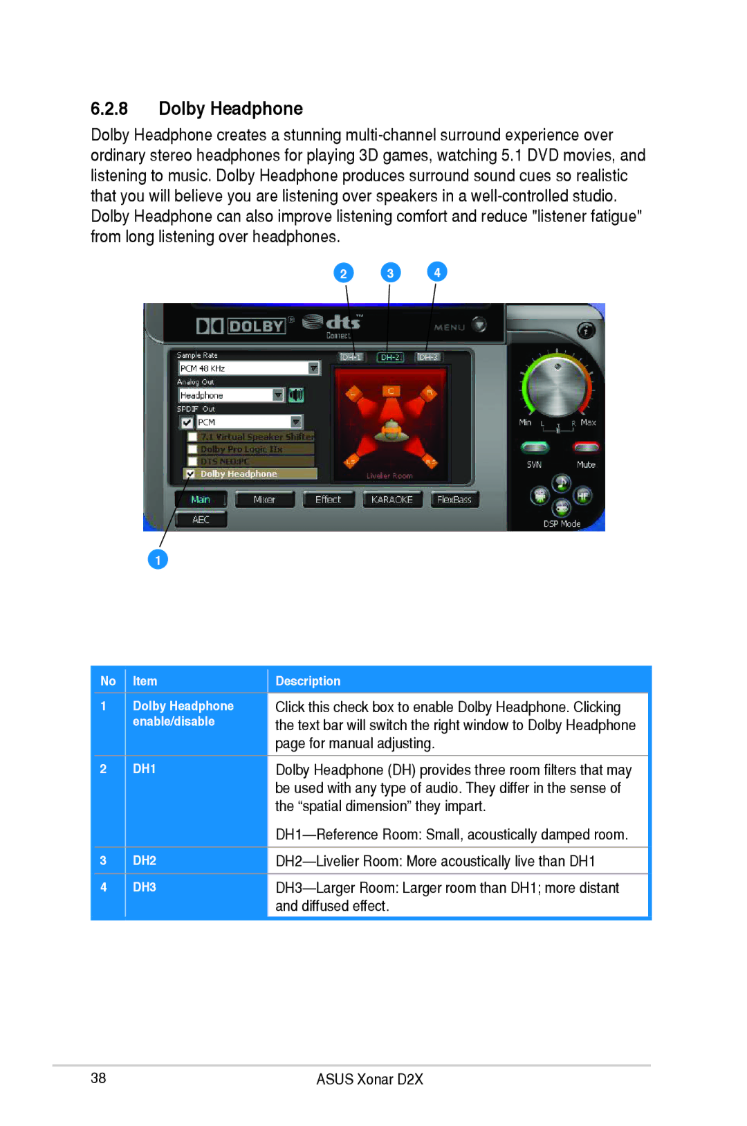 Asus D2X user manual Dolby Headphone, For manual adjusting, Spatial dimension they impart, Diffused effect 