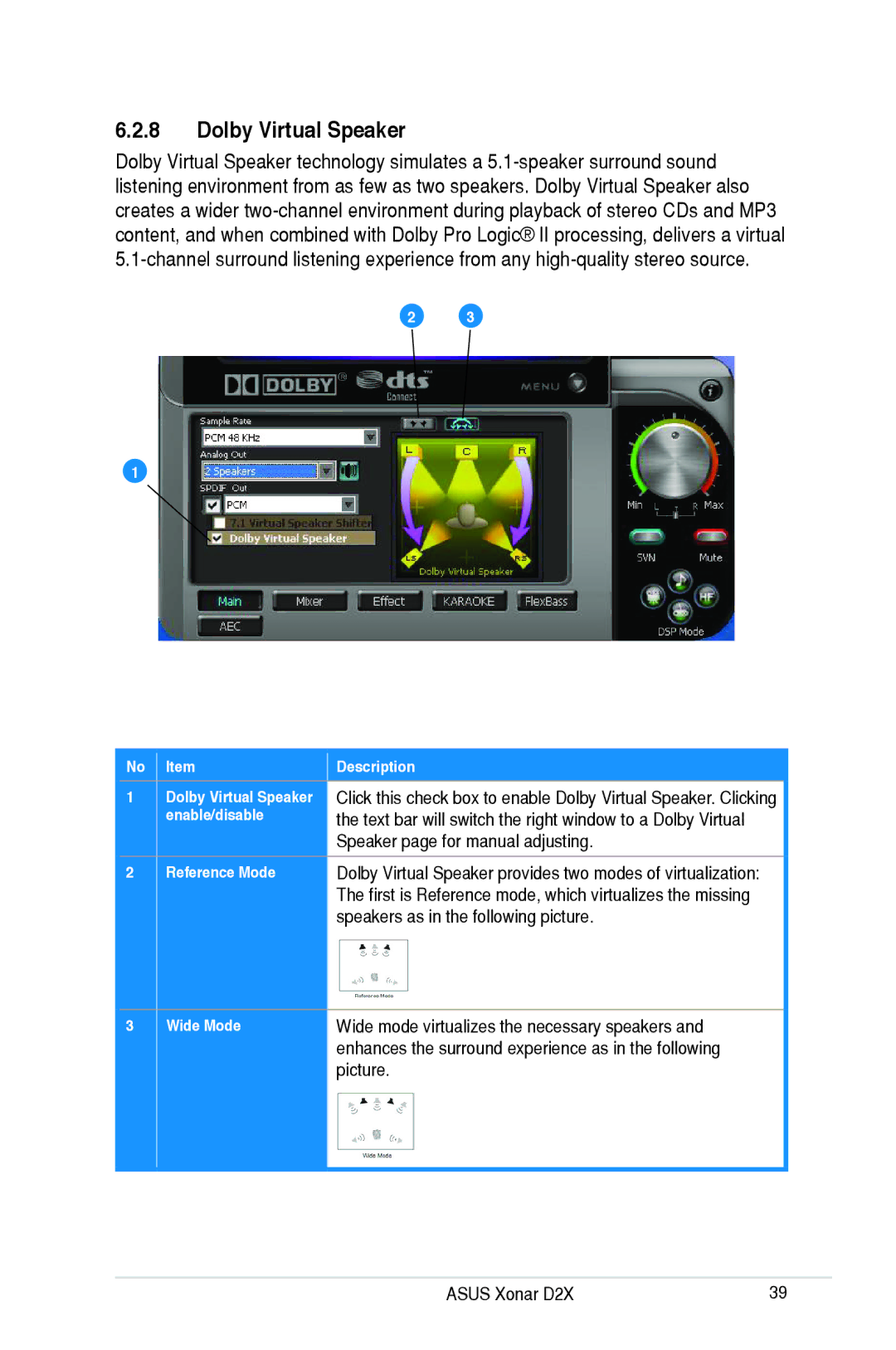 Asus D2X user manual Dolby Virtual Speaker, Reference Mode, Wide Mode 