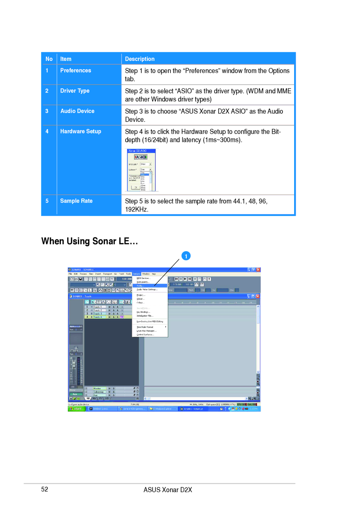 Asus D2X When Using Sonar LE…, Tab, Are other Windows driver types, Device, Depth 16/24bit and latency 1ms~300ms 