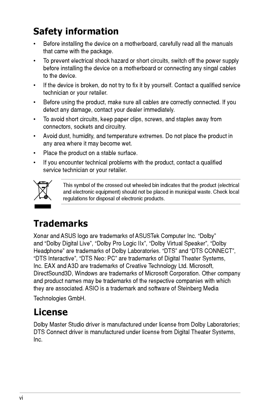 Asus D2X user manual Safety information, Trademarks, License 