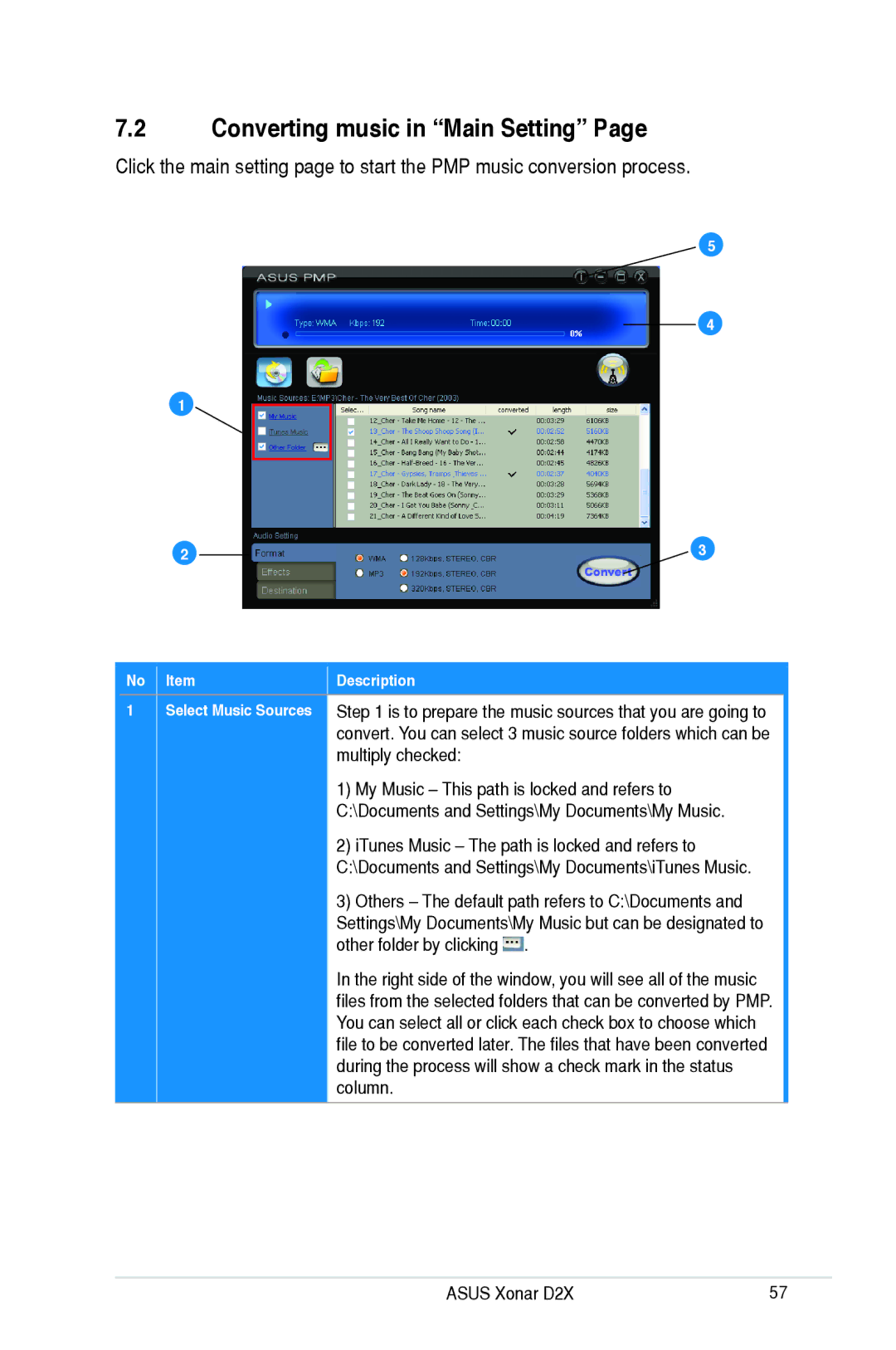 Asus D2X user manual Converting music in Main Setting 