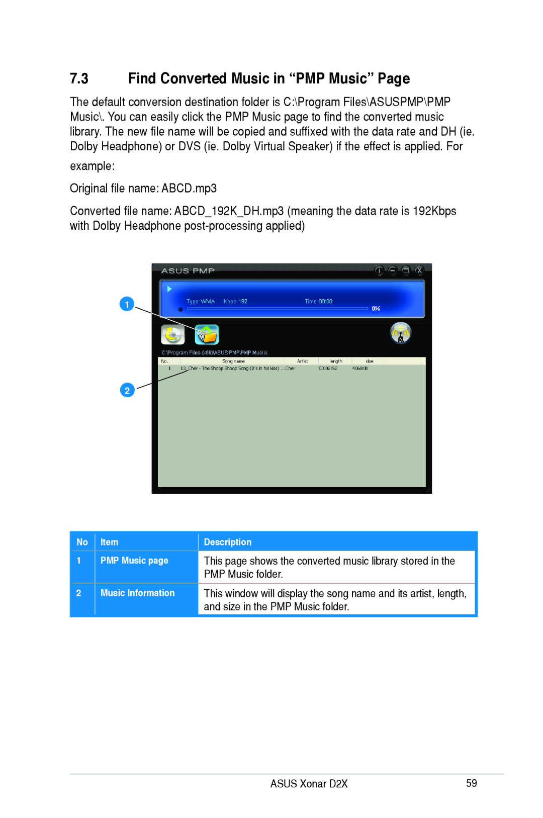 Asus D2X user manual Find Converted Music in PMP Music, Description PMP Music, Music Information 