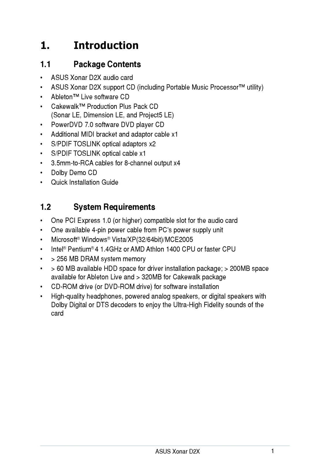 Asus D2X user manual Introduction, Package Contents, System Requirements 