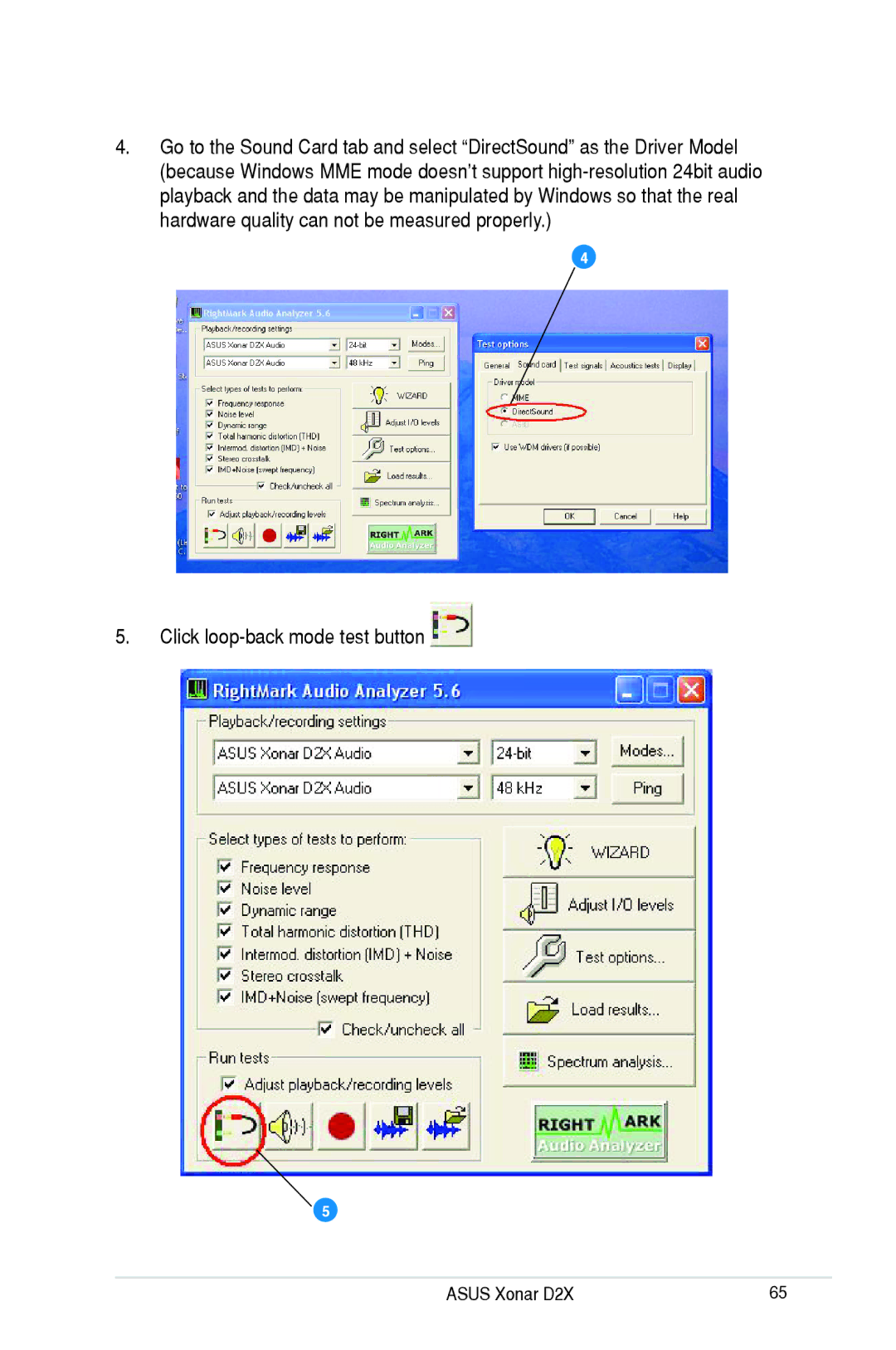 Asus D2X user manual Click loop-back mode test button 