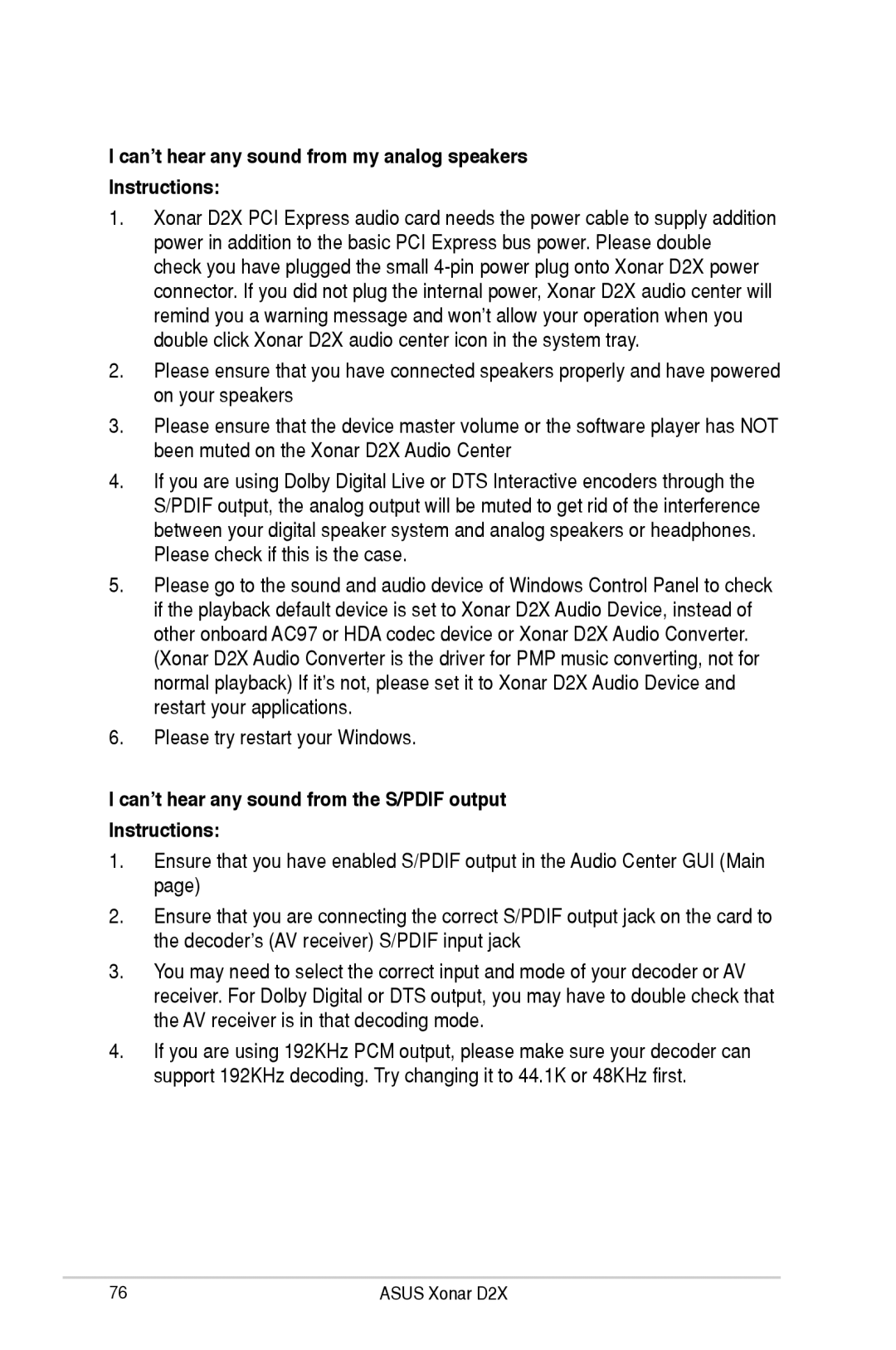 Asus D2X user manual Can’t hear any sound from my analog speakers Instructions 