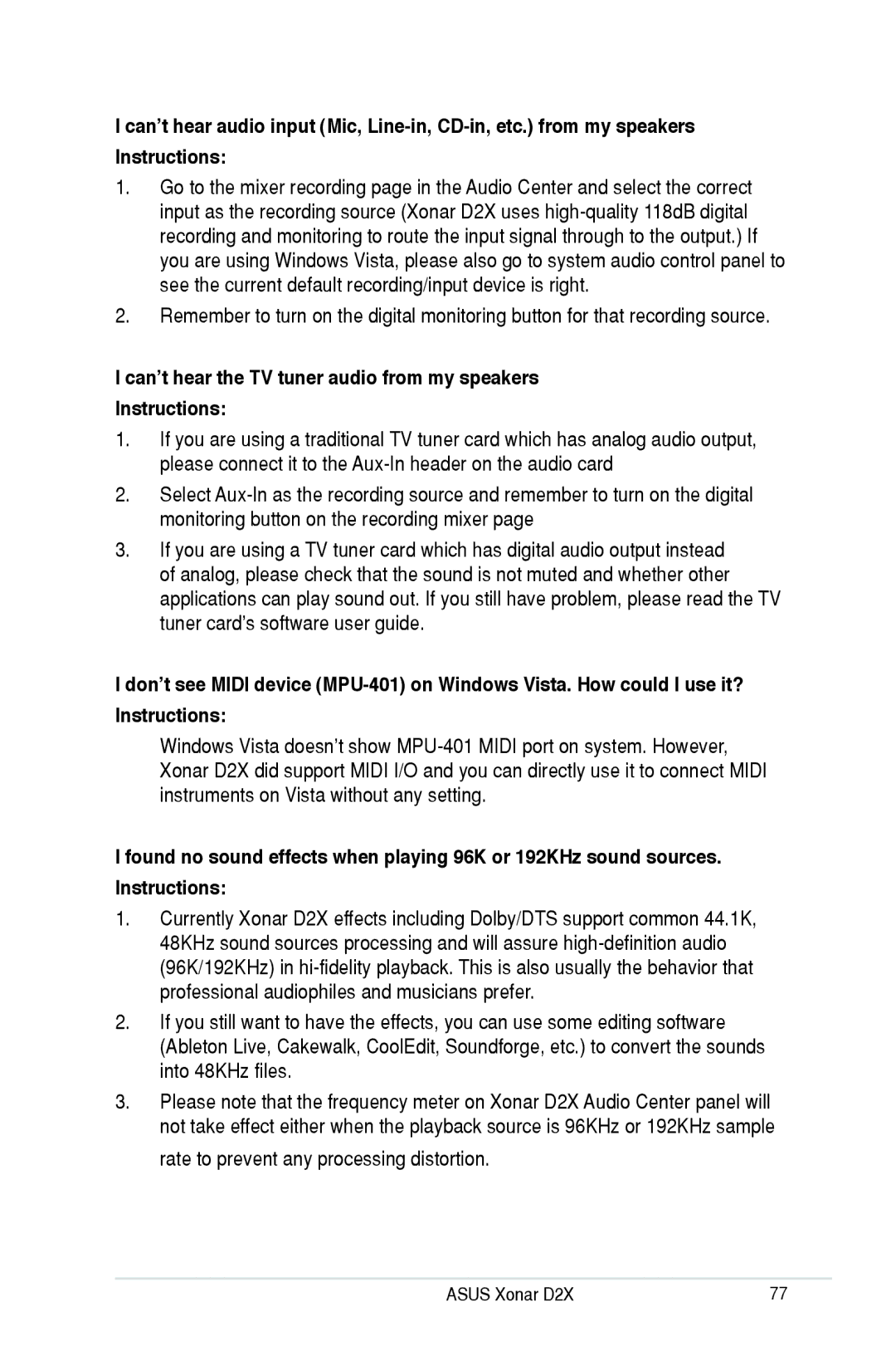 Asus D2X user manual Can’t hear the TV tuner audio from my speakers Instructions 