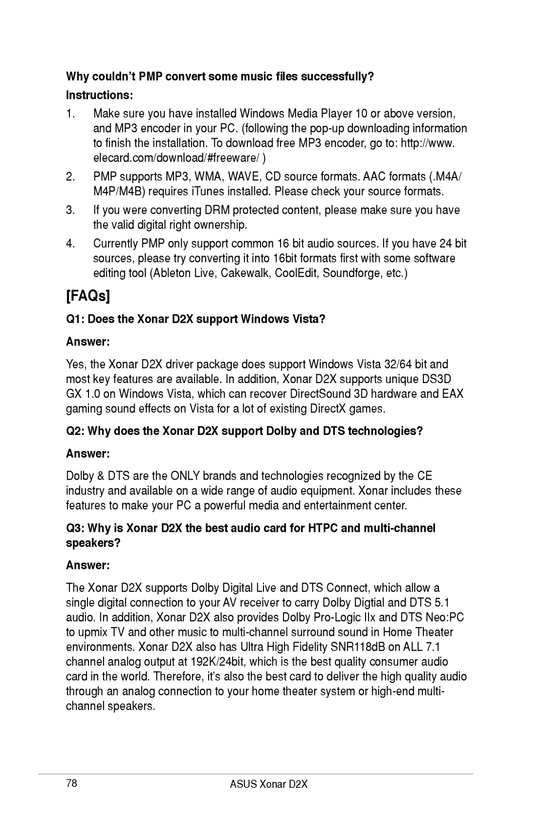 Asus user manual FAQs, Q1 Does the Xonar D2X support Windows Vista? Answer 