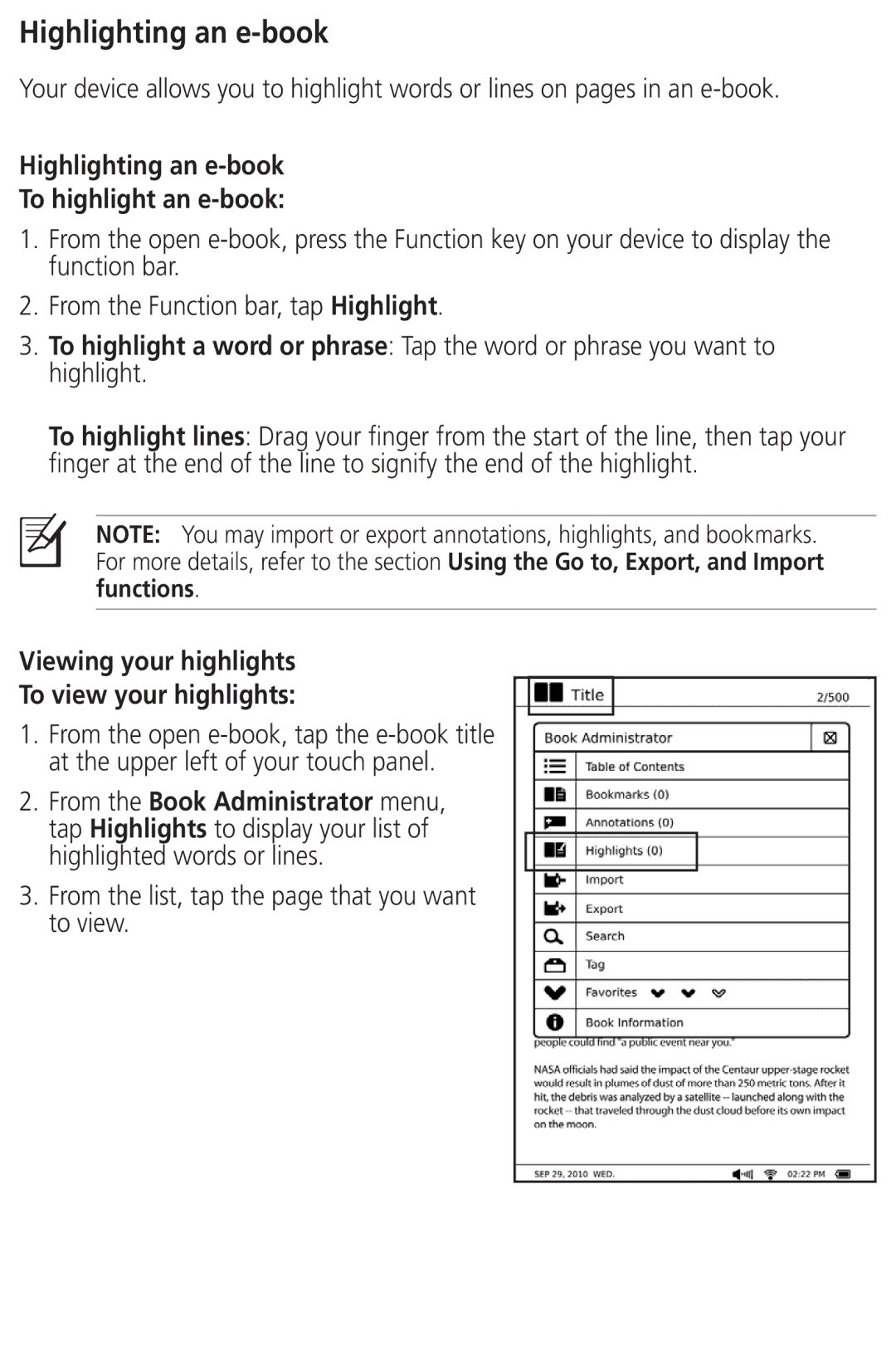 Asus DR-900 user manual Highlighting an e-book To highlight an e-book, Viewing your highlights To view your highlights 