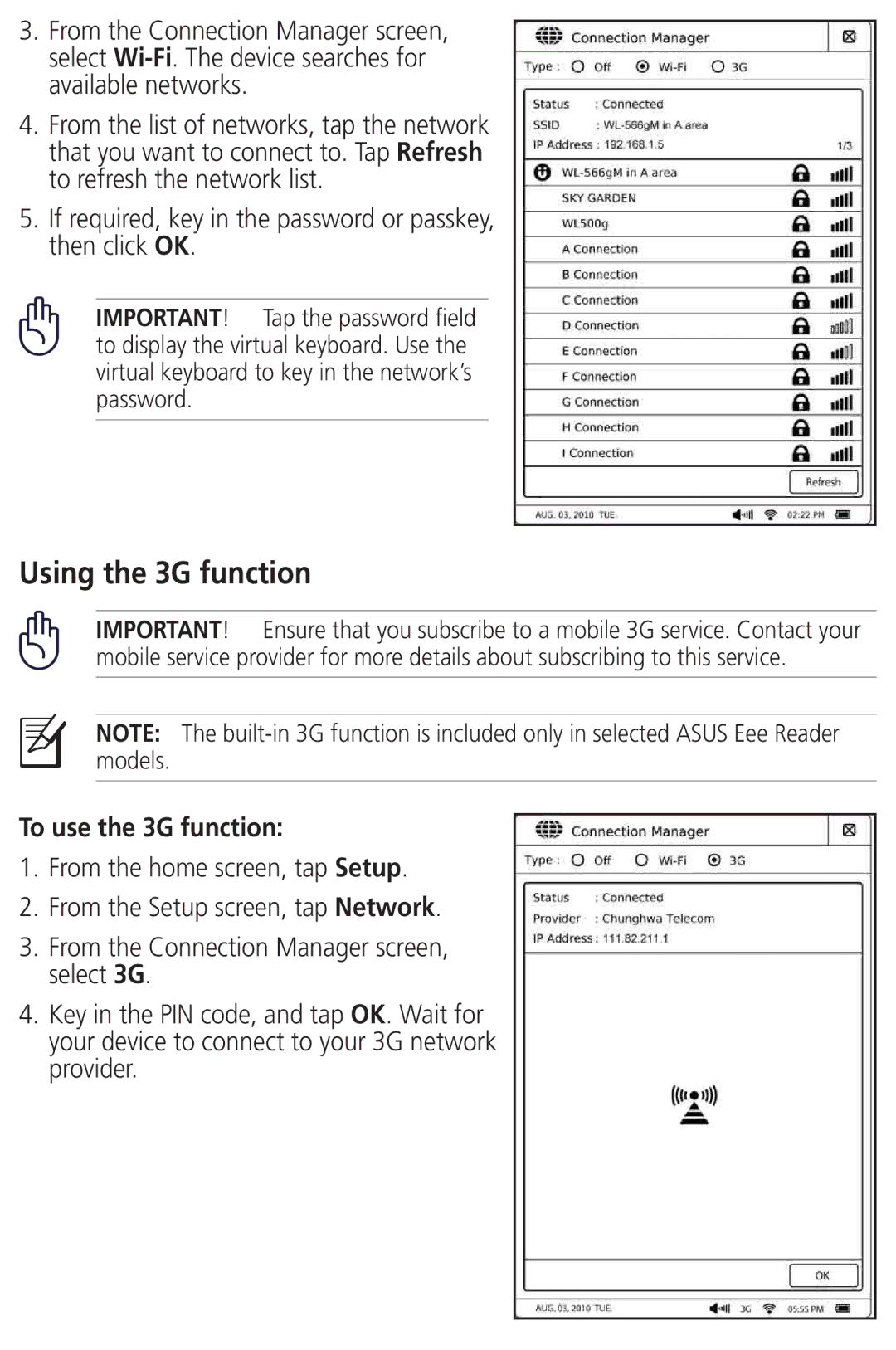 Asus DR-900 user manual Using the 3G function, To use the 3G function 