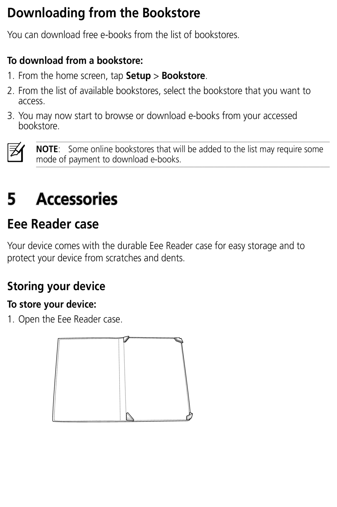 Asus DR-900 user manual Accessories, Downloading from the Bookstore, Eee Reader case, Storing your device 