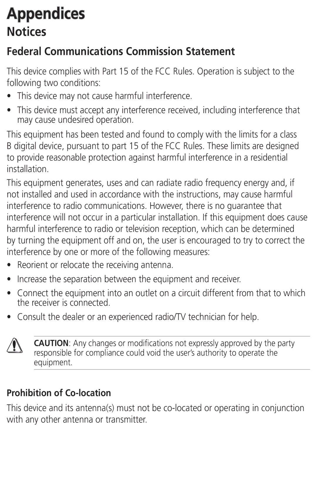Asus DR-900 user manual Appendices, Federal Communications Commission Statement, Prohibition of Co-location 