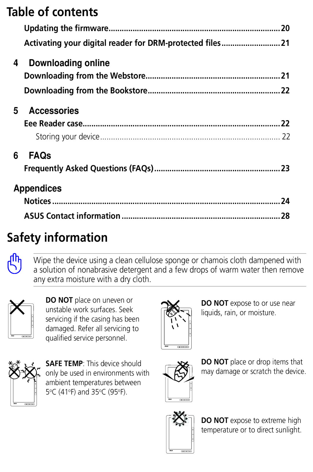 Asus DR-900 user manual Safety information, Table of contents 