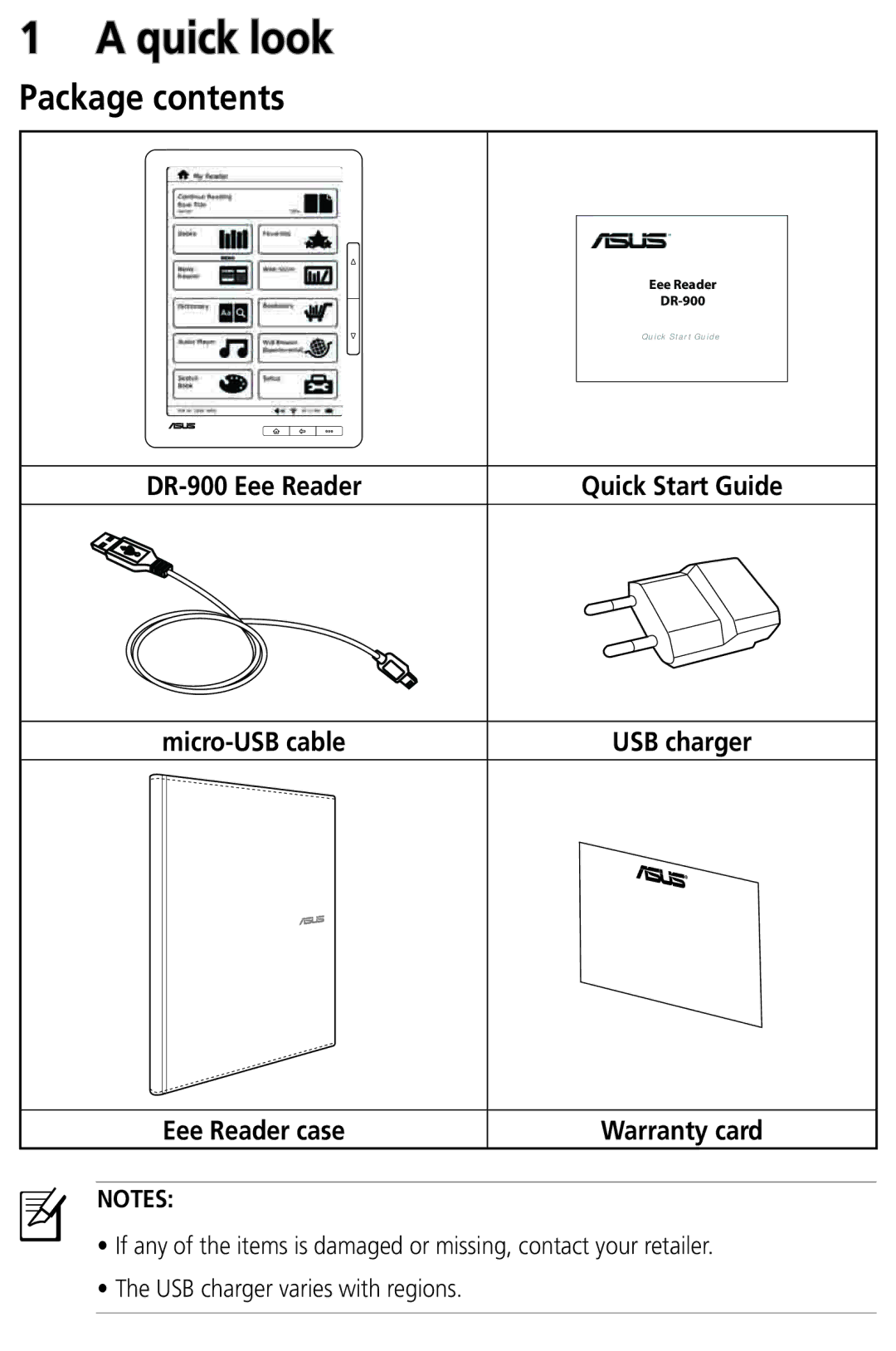 Asus DR-900 user manual Quick look, Package contents 