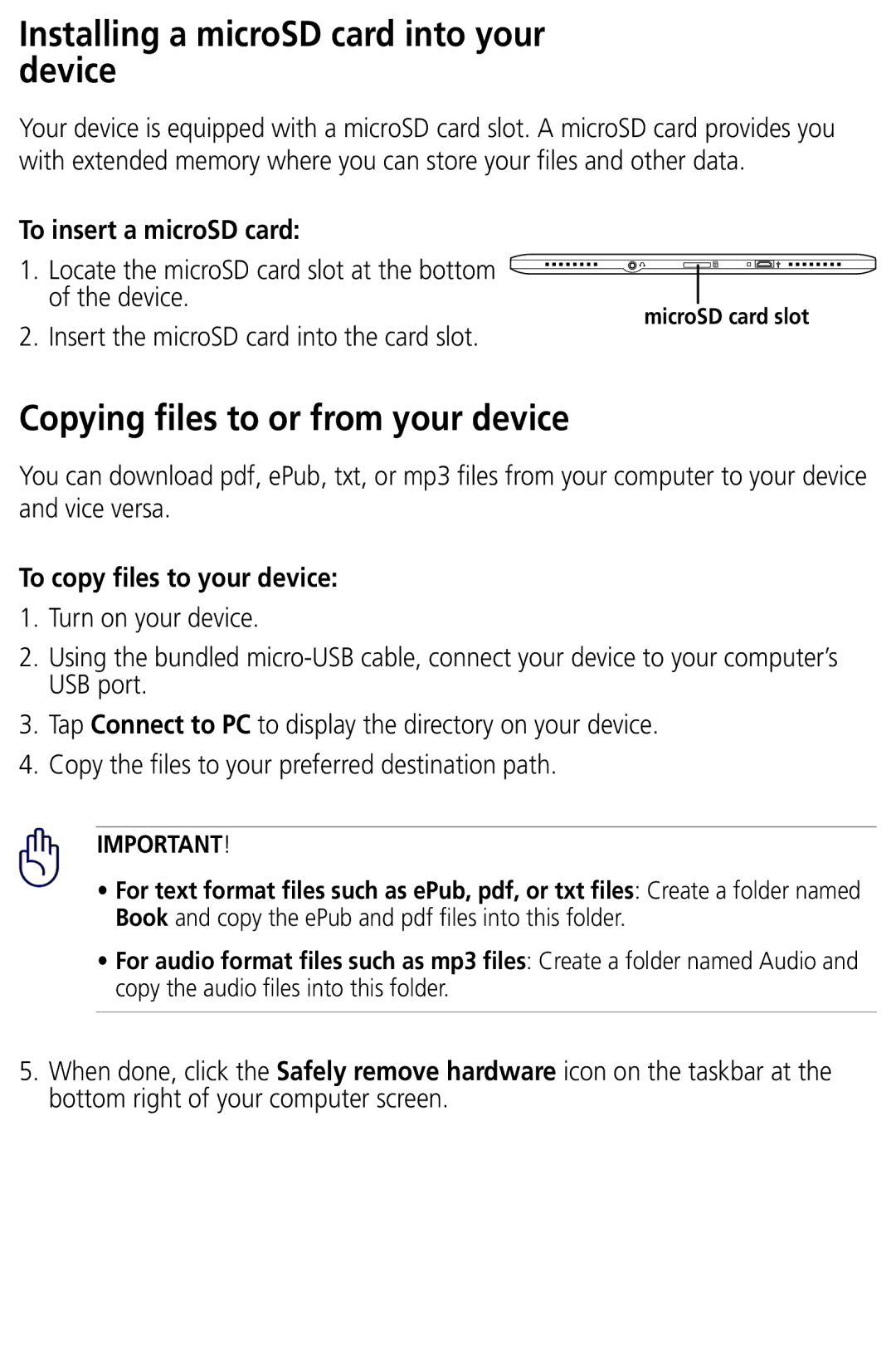 Asus DR-900 Installing a microSD card into your device, Copying files to or from your device, To insert a microSD card 