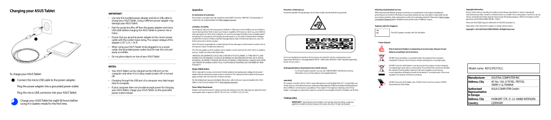 Asus E10009 manual Charging your Asus Tablet, Appendices, Green Asus notice, Coating notice 