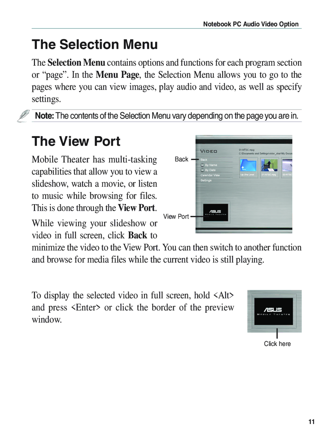 Asus E1897 manual Selection Menu, View Port 