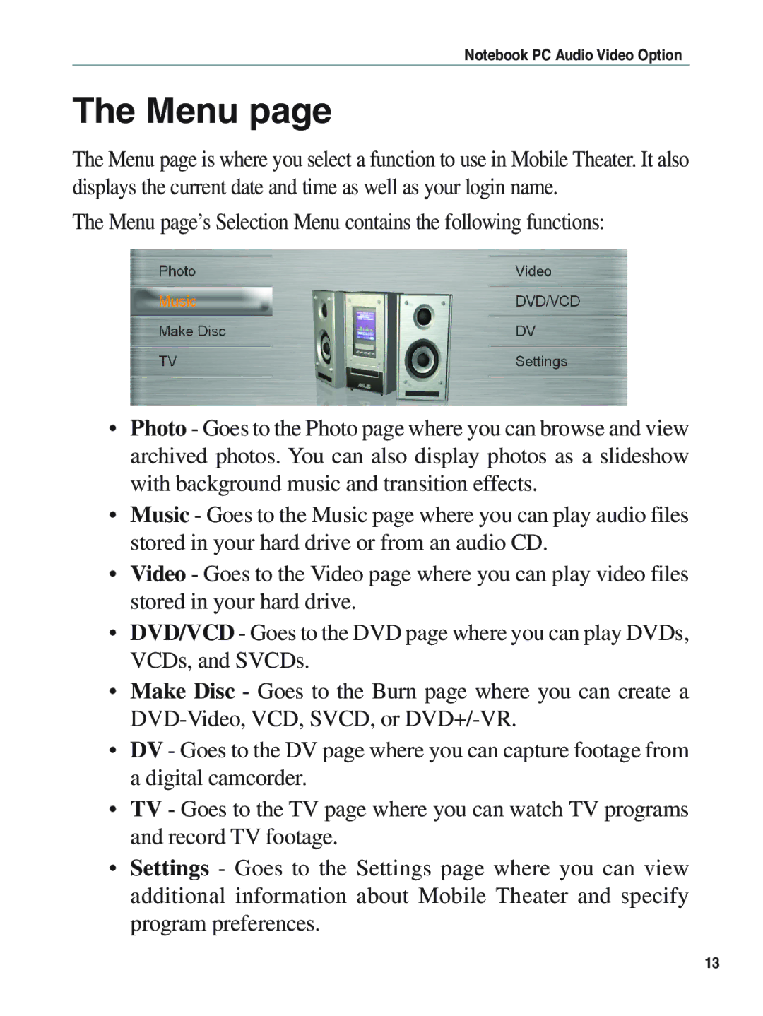 Asus E1897 manual Menu 