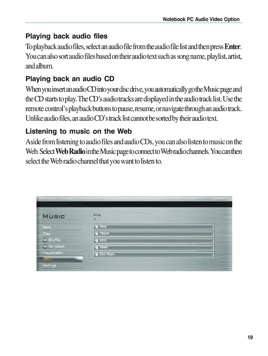 Asus E1897 manual Playing back audio files, Playing back an audio CD, Listening to music on the Web 