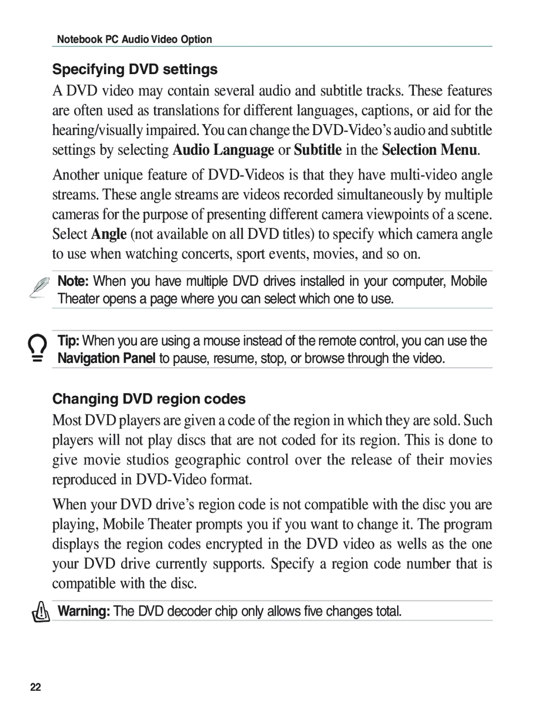 Asus E1897 manual Specifying DVD settings, Changing DVD region codes 