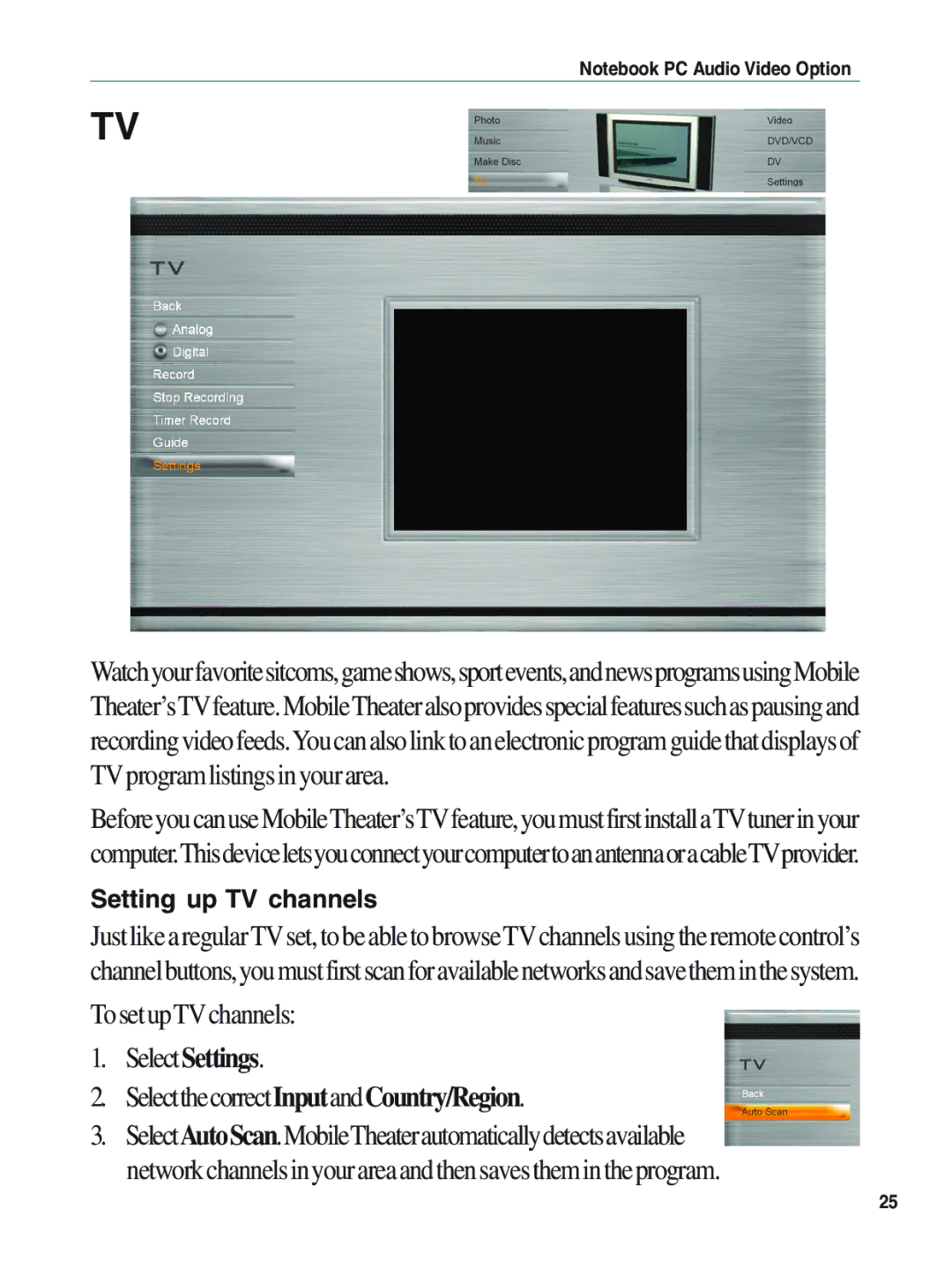 Asus E1897 manual SelectSettings, Setting up TV channels 