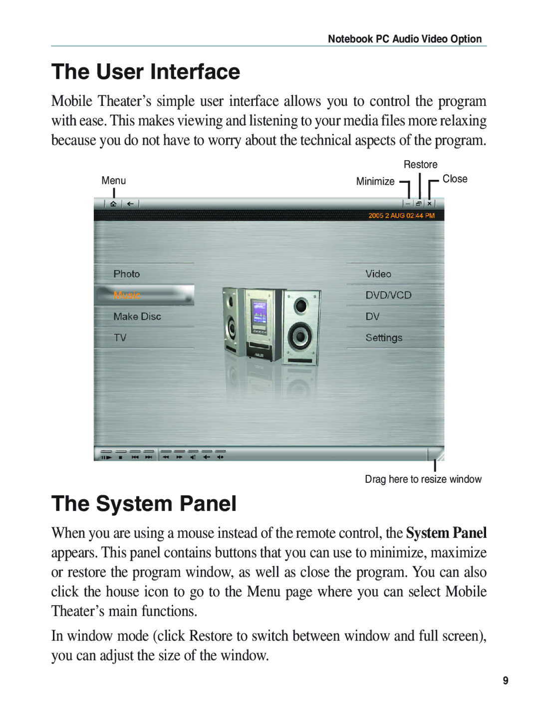 Asus E1897 manual User Interface, System Panel 