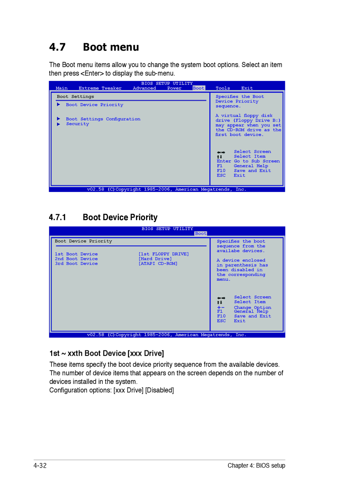 Asus E2938 manual Boot menu, Boot Device Priority, 1st ~ xxth Boot Device xxx Drive 