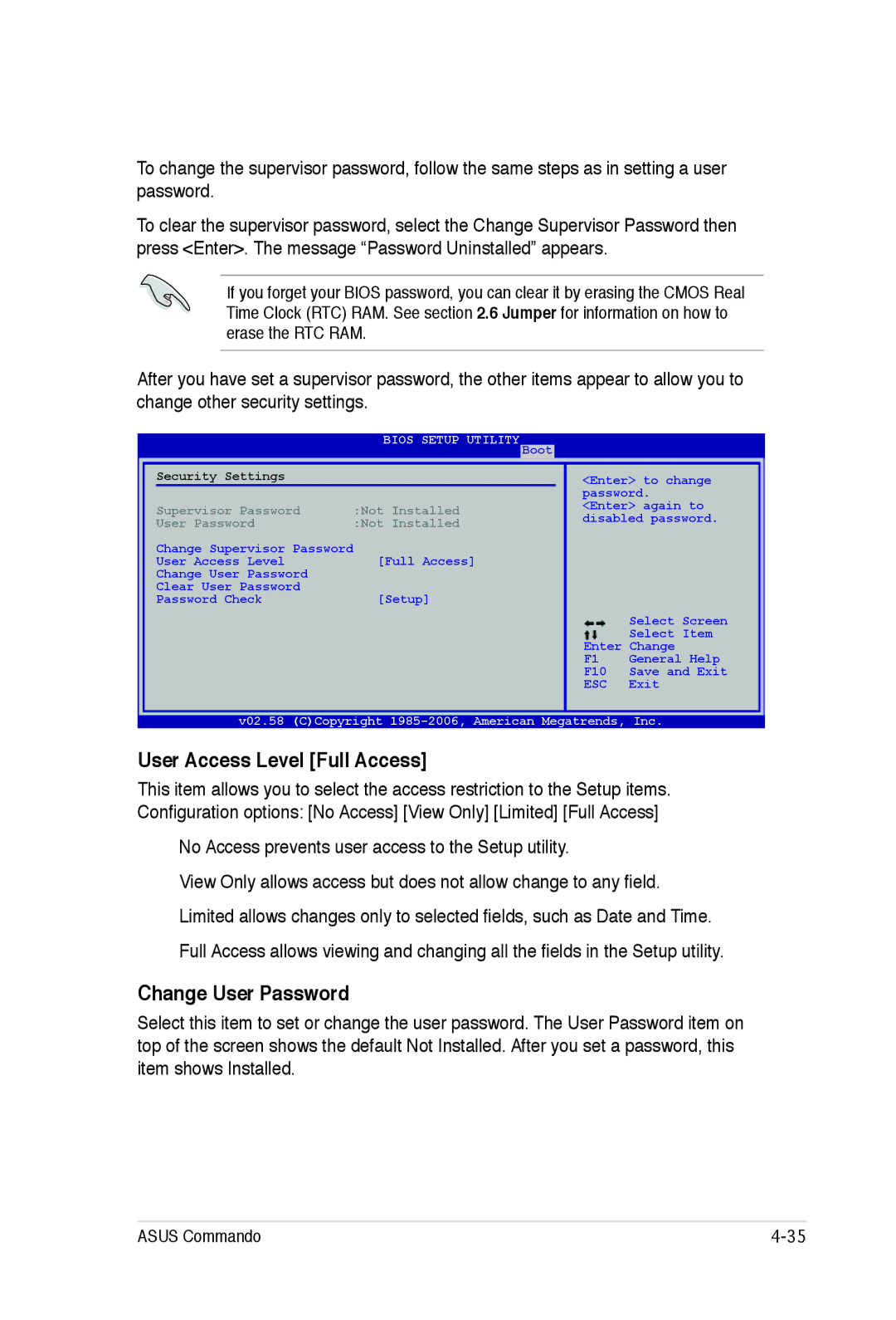 Asus E2938 manual User Access Level Full Access, Change User Password, No Access prevents user access to the Setup utility 