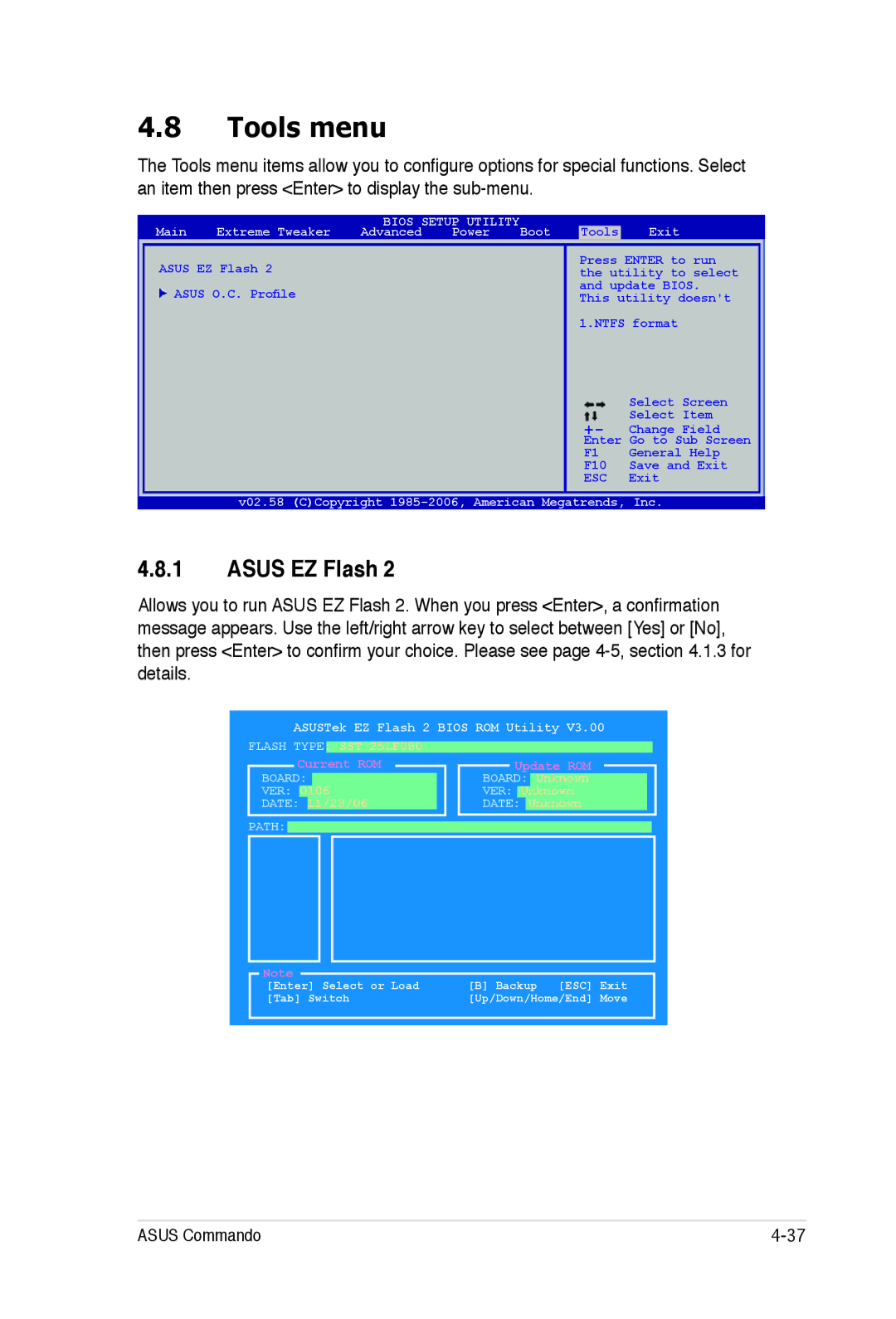 Asus E2938 manual Tools menu, Asus EZ Flash 