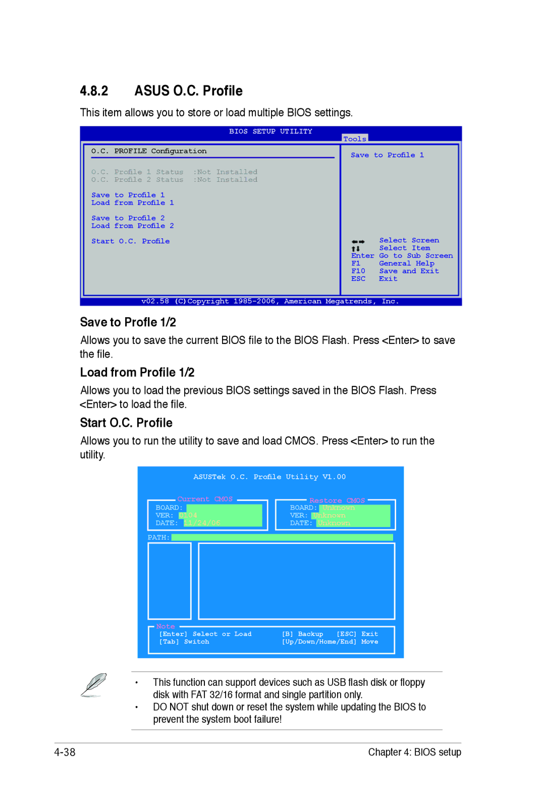 Asus E2938 manual Asus O.C. Profile, Save to Profle 1/2, Load from Profile 1/2, Start O.C. Profile 