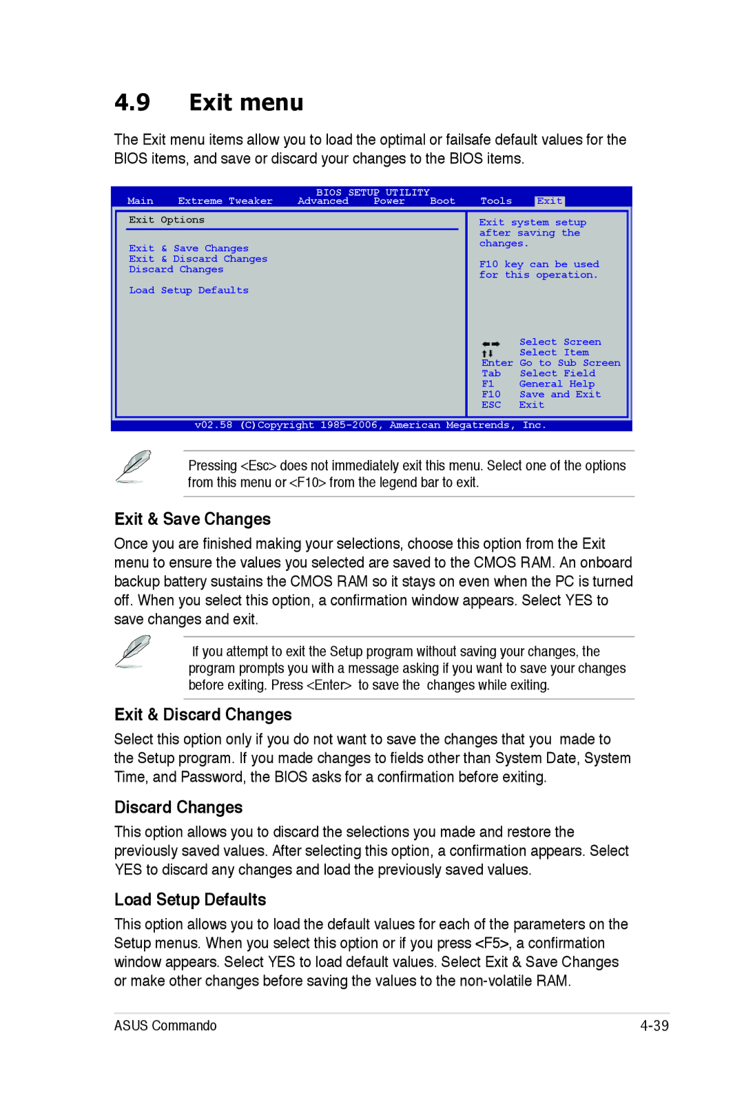 Asus E2938 manual Exit menu, Exit & Save Changes, Exit & Discard Changes, Load Setup Defaults 