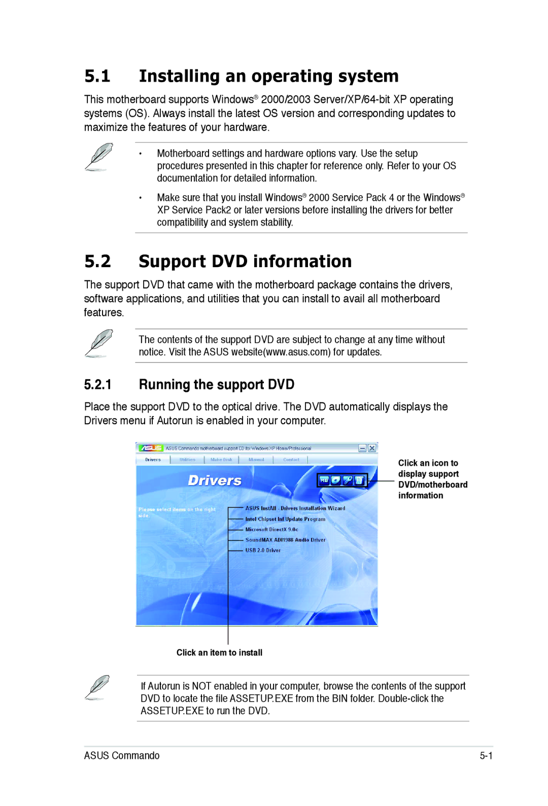 Asus E2938 manual Installing an operating system, Support DVD information, Running the support DVD 