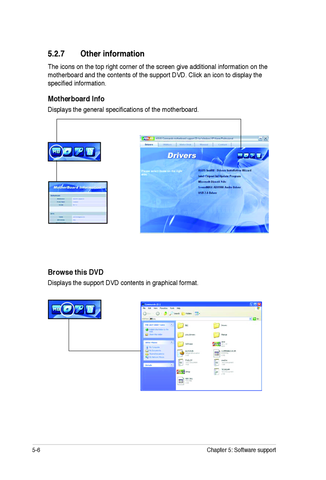 Asus E2938 Other information, Motherboard Info, Browse this DVD, Displays the general specifications of the motherboard 