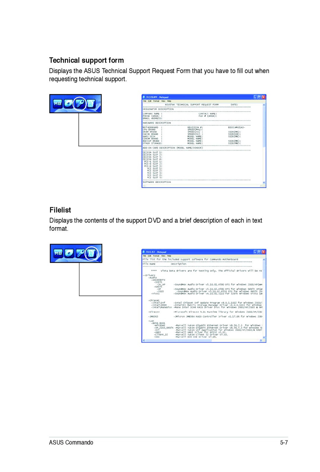 Asus E2938 manual Technical support form, Filelist 