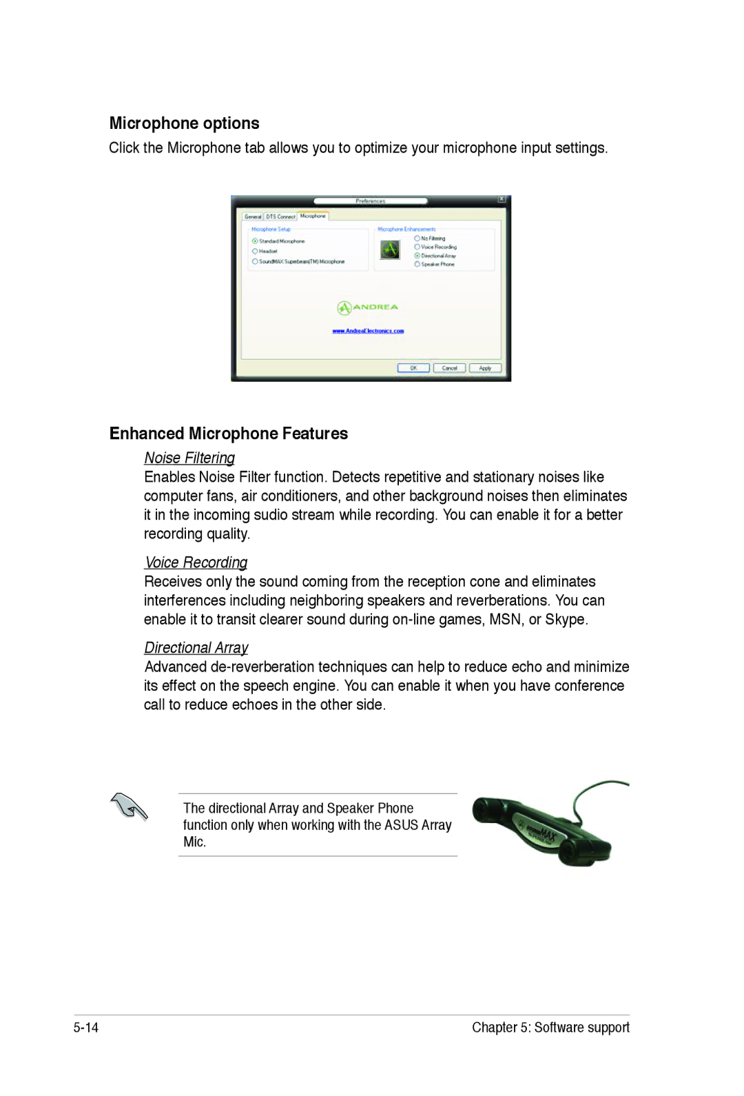 Asus E2938 manual Microphone options, Enhanced Microphone Features, Noise Filtering, Voice Recording, Directional Array 