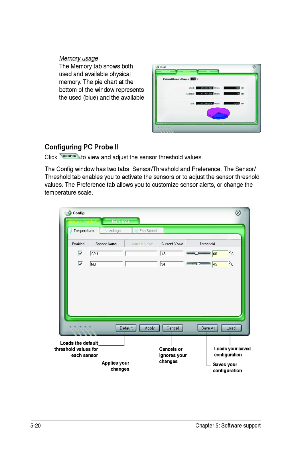 Asus E2938 manual Configuring PC Probe, Memory usage 