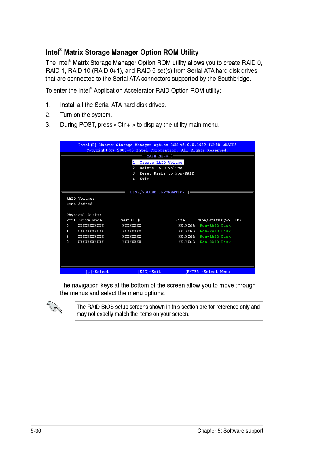 Asus E2938 manual Intel Matrix Storage Manager Option ROM Utility 