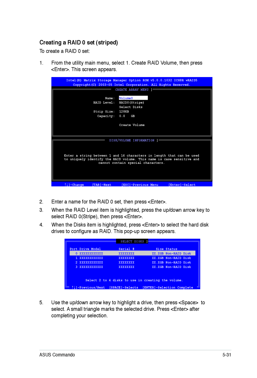 Asus E2938 manual Creating a RAID 0 set striped, Create Array Menu 