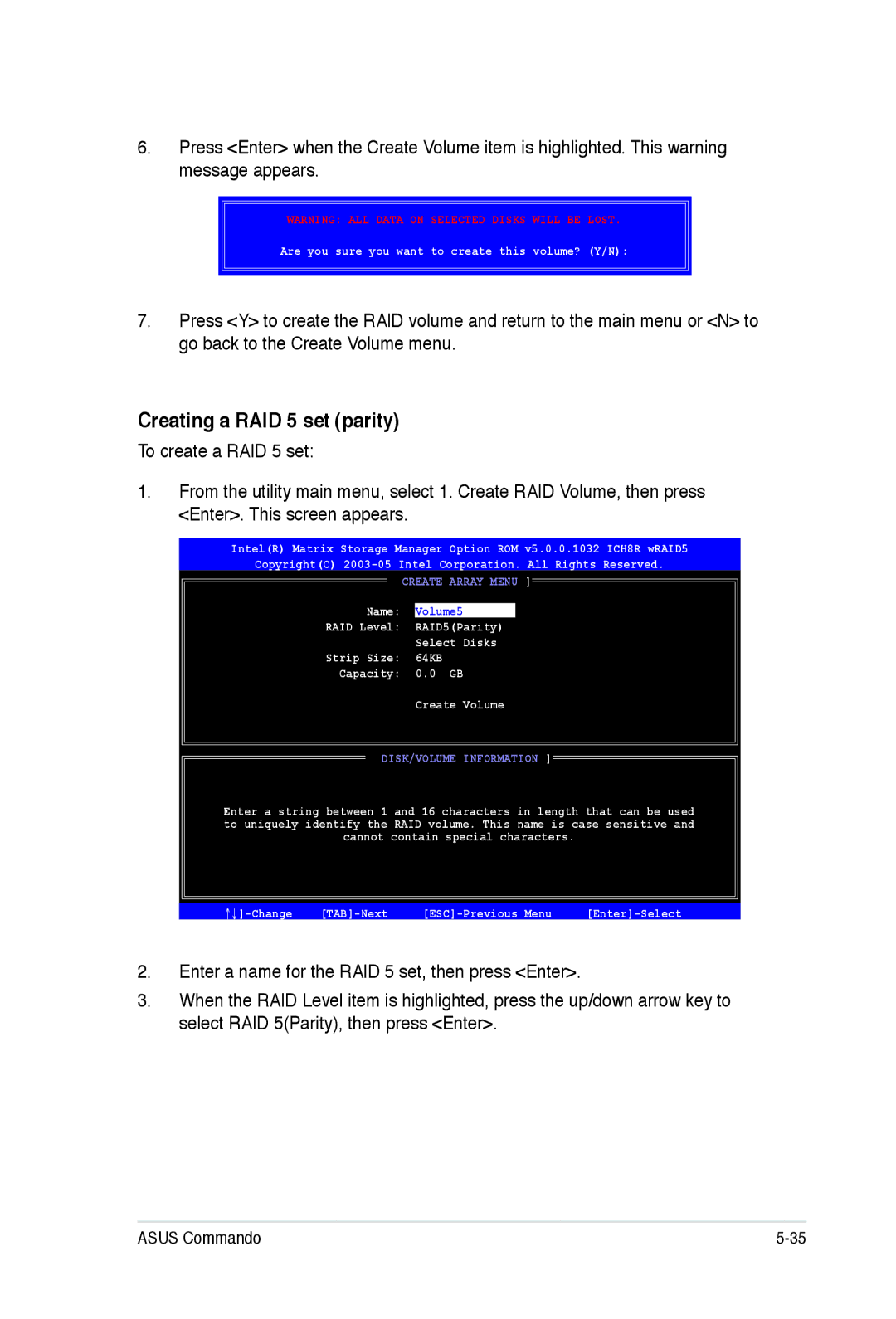 Asus E2938 manual Creating a RAID 5 set parity 