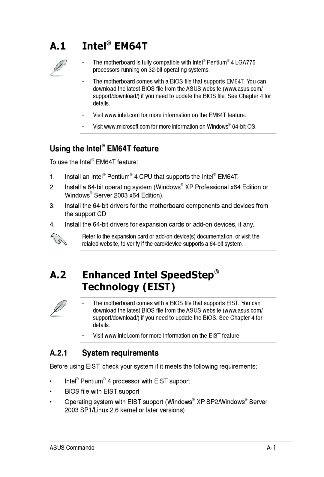 Asus E2938 manual Enhanced Intel SpeedStep Technology Eist, Using the Intel EM64T feature, System requirements 