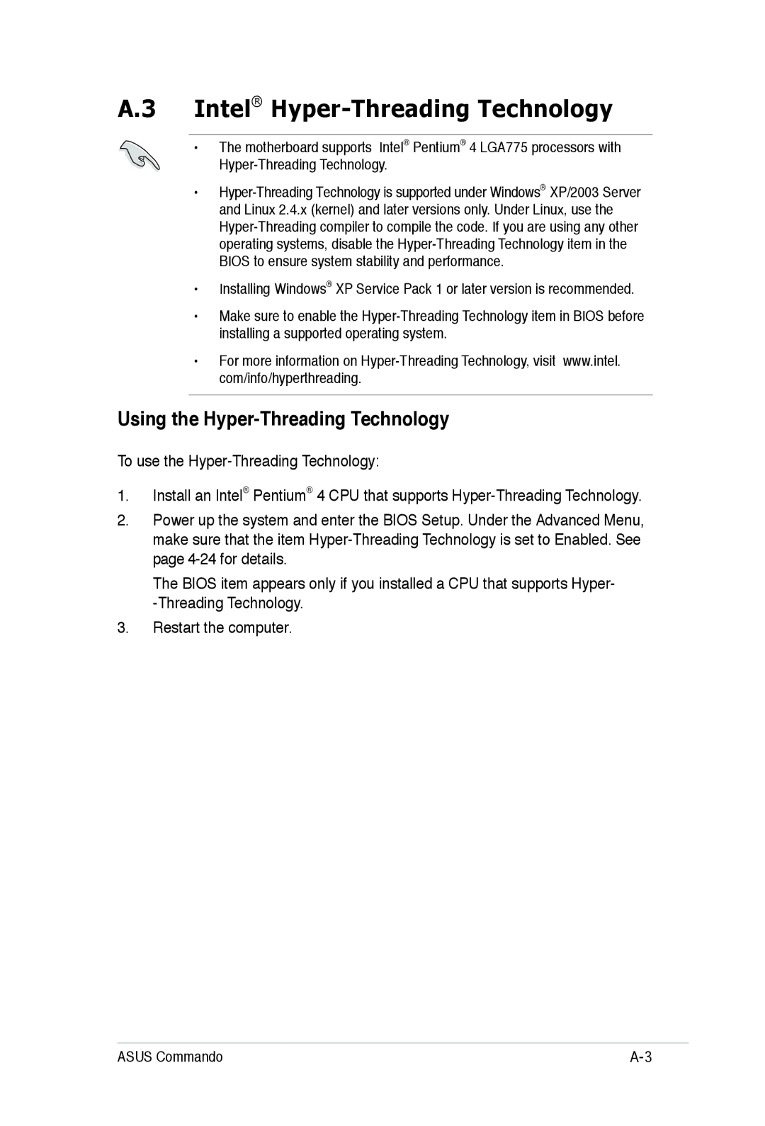 Asus E2938 manual Intel Hyper-Threading Technology, Using the Hyper-Threading Technology 