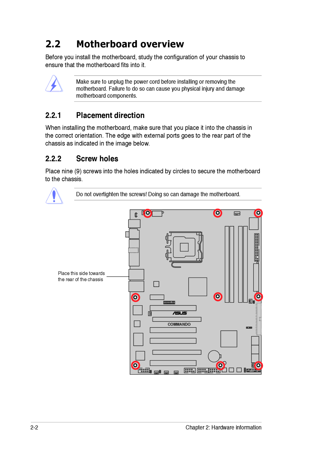 Asus E2938 manual Motherboard overview, Placement direction, Screw holes 