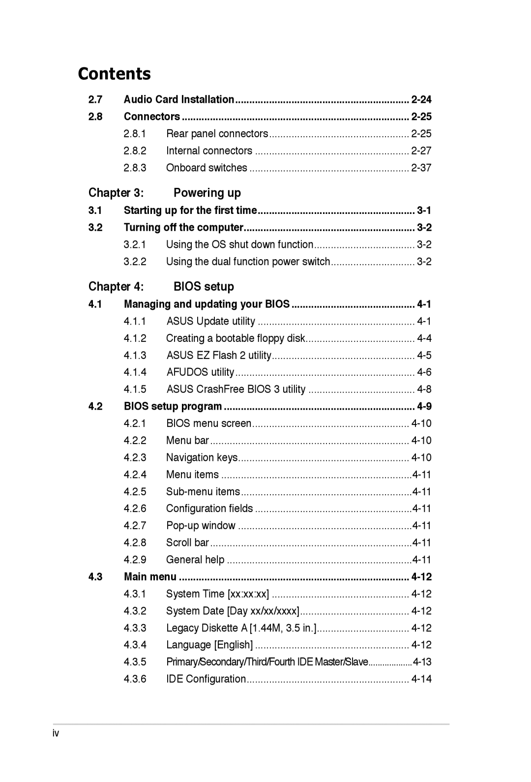 Asus E2938 manual Chapter Powering up, Chapter Bios setup 