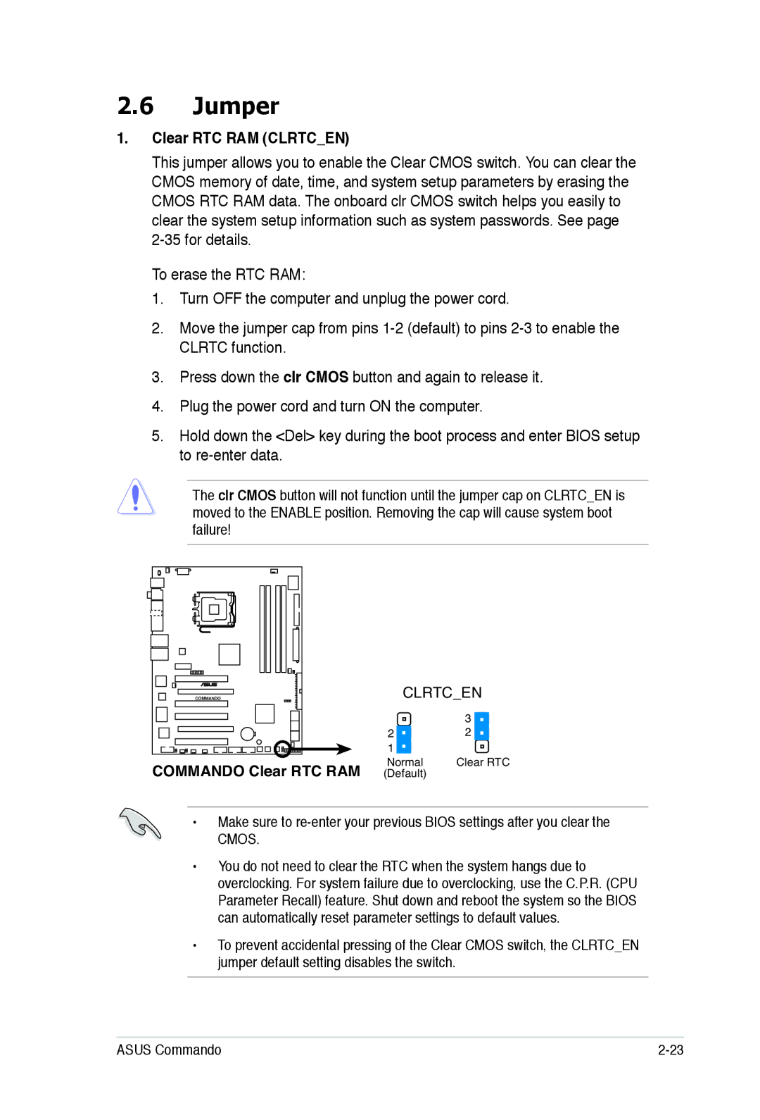 Asus E2938 manual Jumper, Clear RTC RAM Clrtcen 