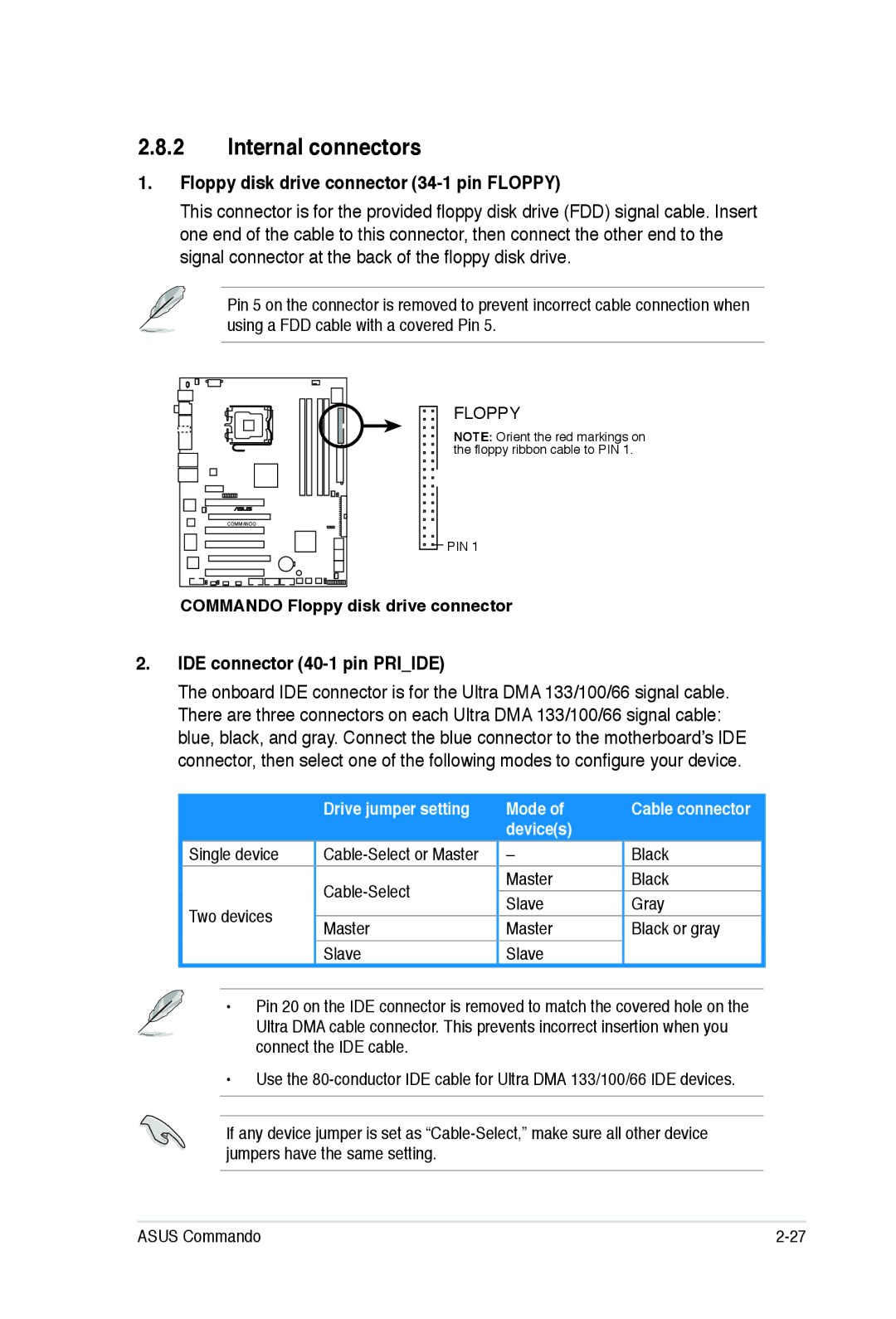 Asus E2938 manual Internal connectors, Floppy disk drive connector 34-1 pin Floppy, IDE connector 40-1 pin Priide 