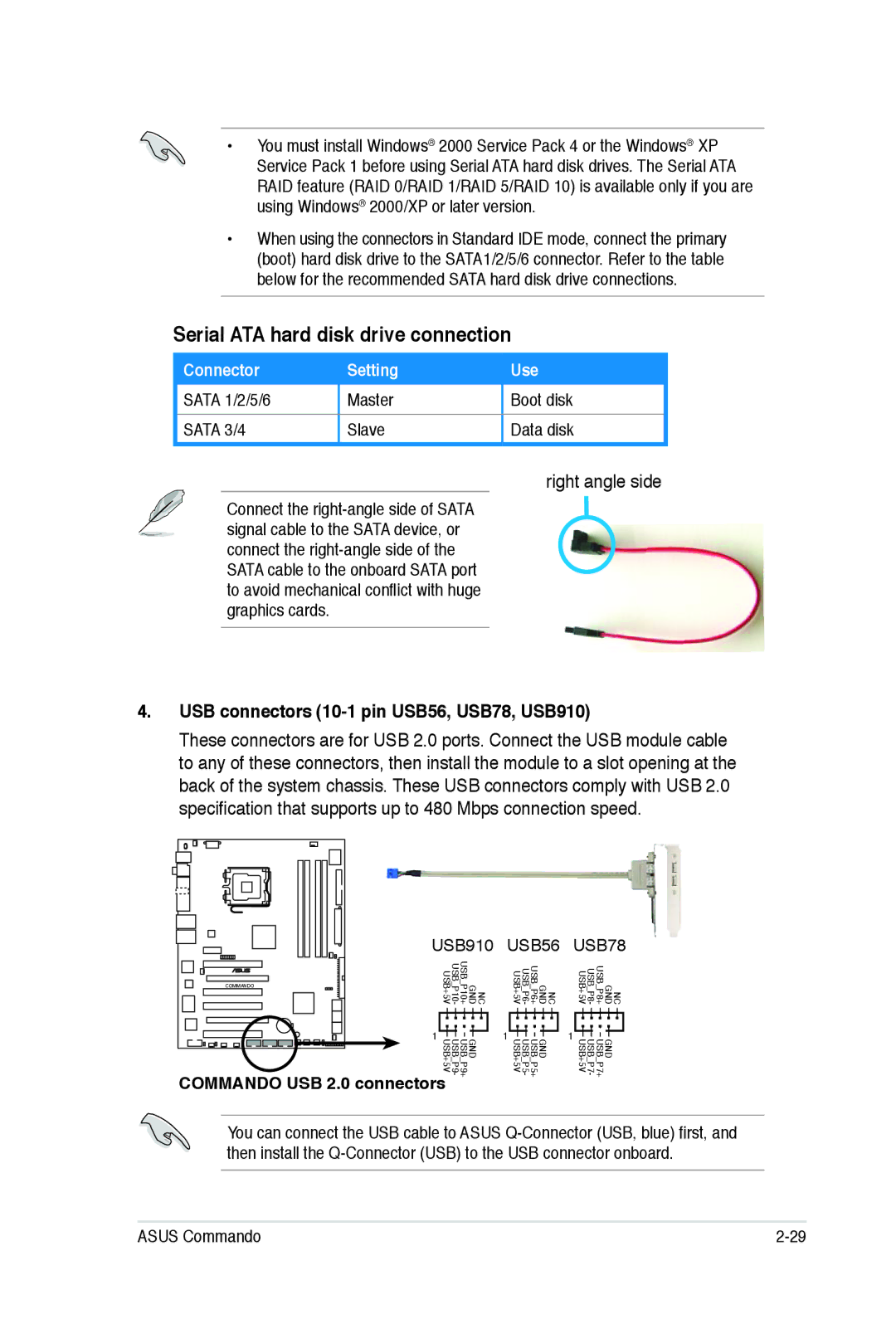 Asus E2938 manual Serial ATA hard disk drive connection, Right angle side, USB connectors 10-1 pin USB56, USB78, USB910 